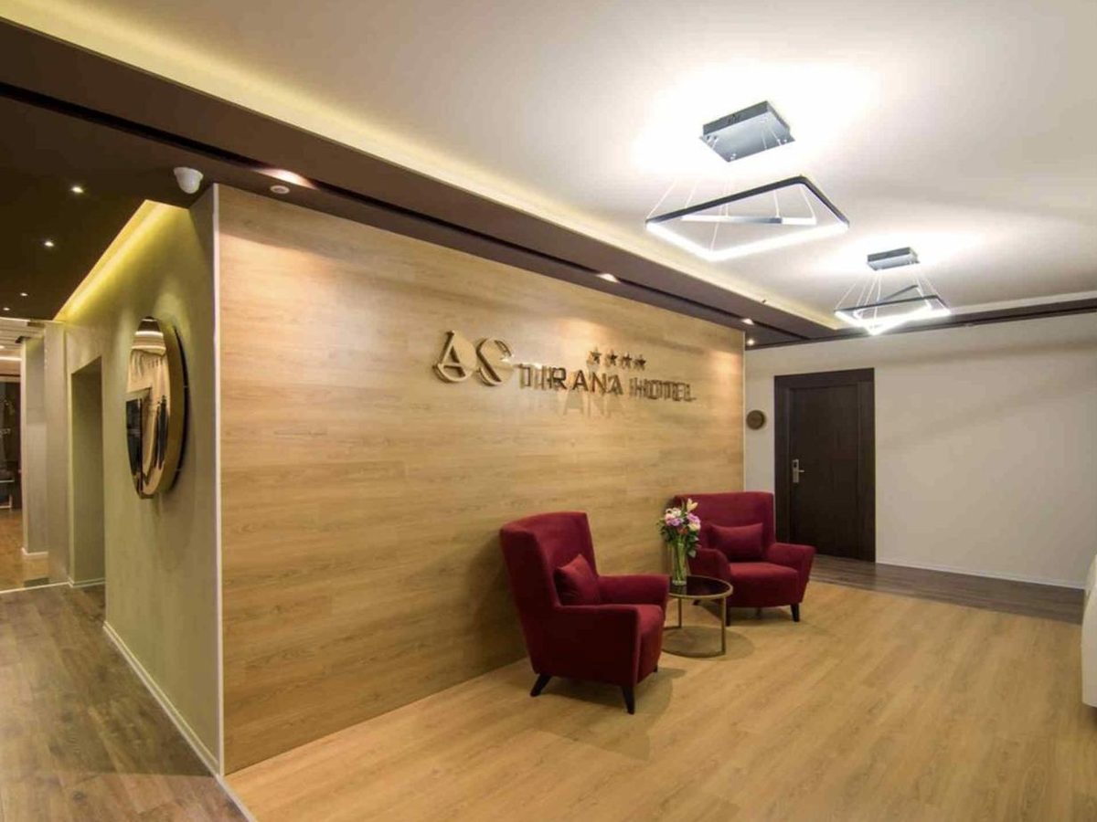Hotel AS Tirana entrance hall with the hotel sign